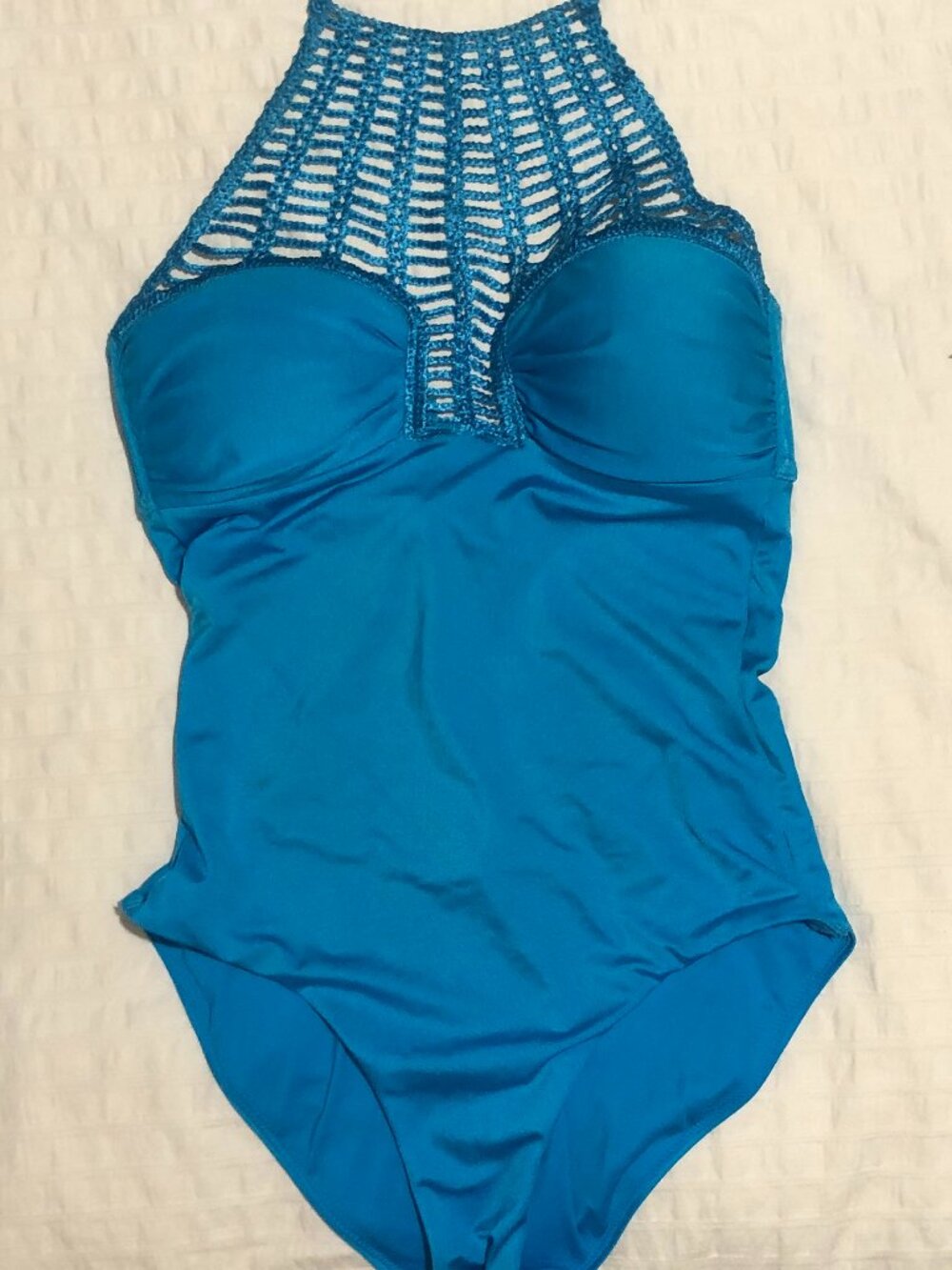 Crochet One Piece Swimsuit Bright Blue Low Back Padded size 6 B cup by Enfasis
